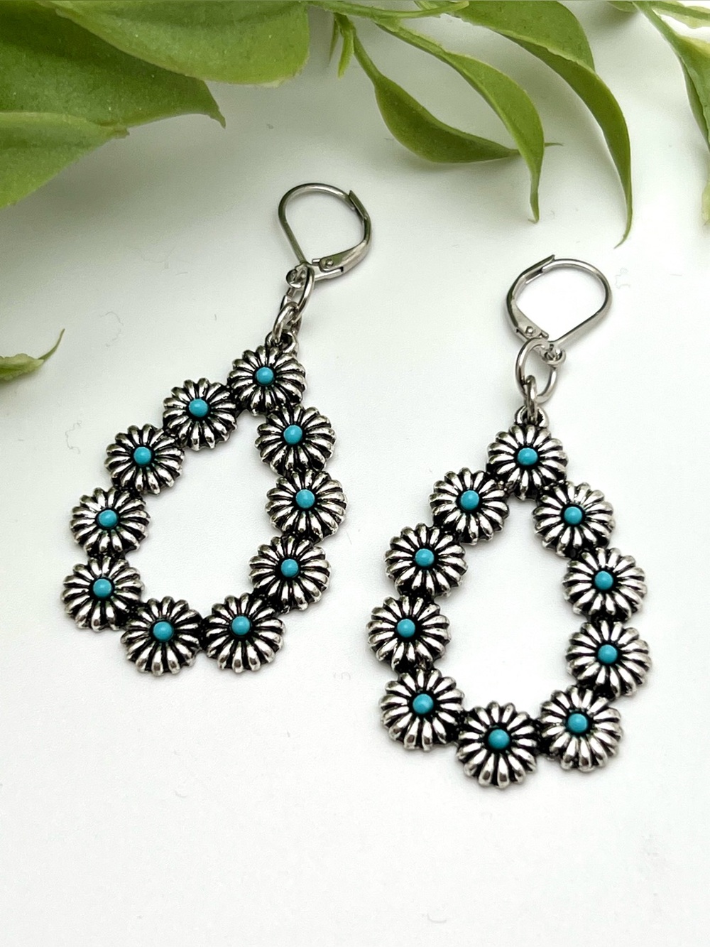 Artisan Southwest Silver Daisy Teardrop Earrings with Turquoise Howlite Centers